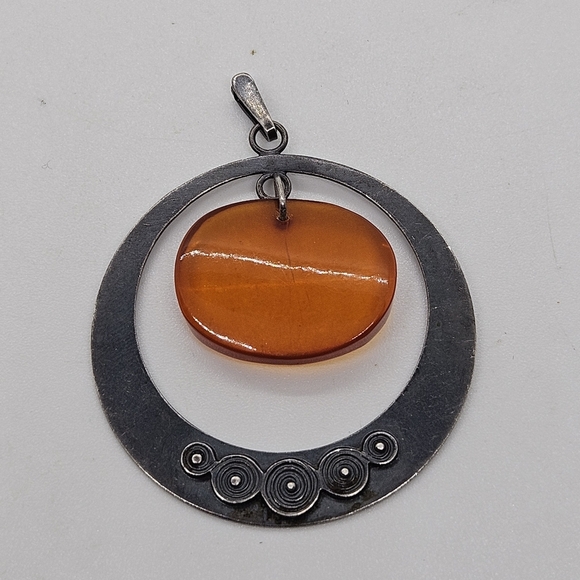 dark silver tone circle pendant with orange bead Soviet Union - Picture 1 of 4